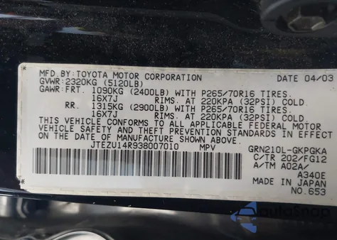 2003 Toyota 4Runner Sr5 V6 z USA, uszkodzony, nr VIN JTEZU14R938007010